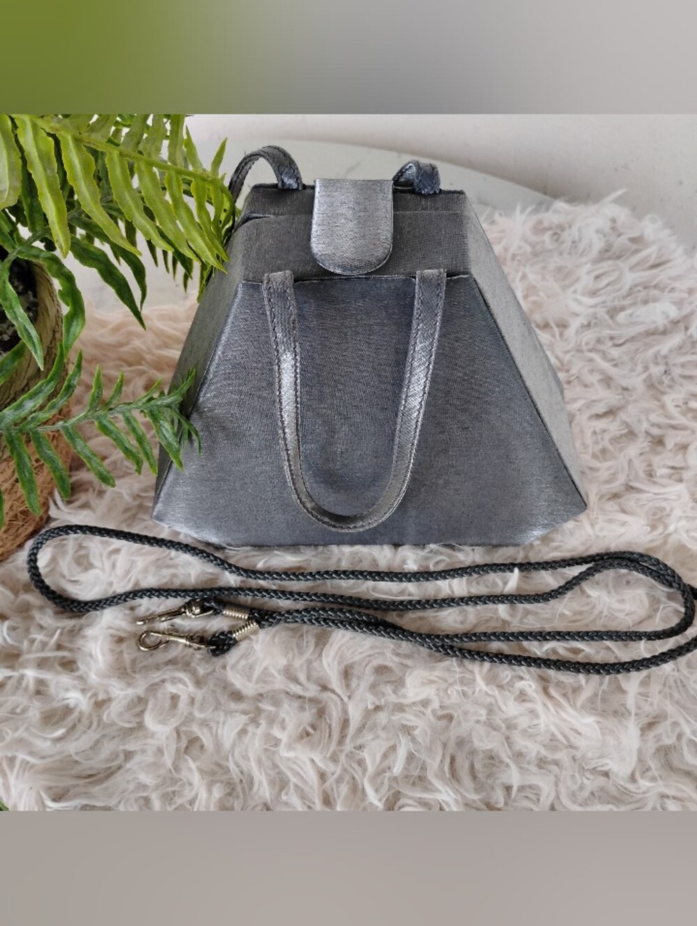 Kf Ltd Metallic Silver Pyramid Tote Handbag with Detachable Strap